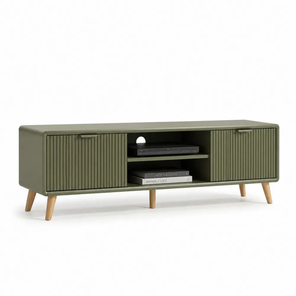 Meuble TV rectangulaire en bois et MDF, 2 portes rainurées, 2 niches, vert olive et bois naturel, 160 x 40 x 60 cm