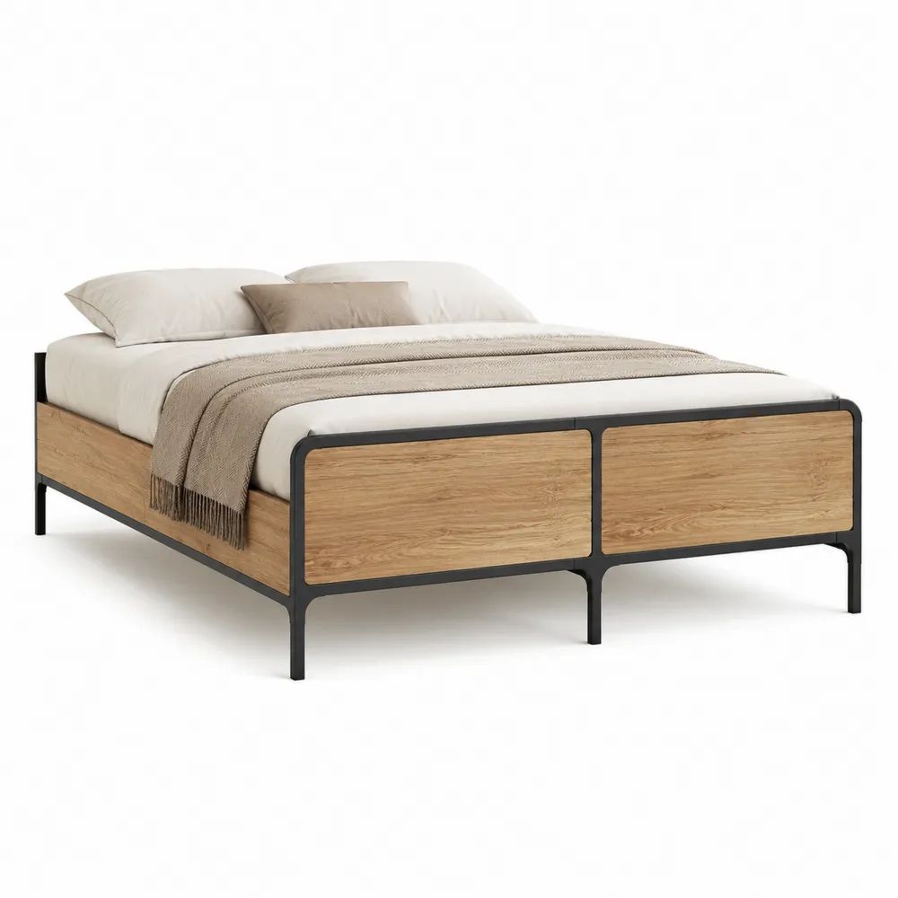 Lit double 160 × 200 cm avec sommier à lattes, cadre en acier noir et panneaux en bois finition chêne naturel