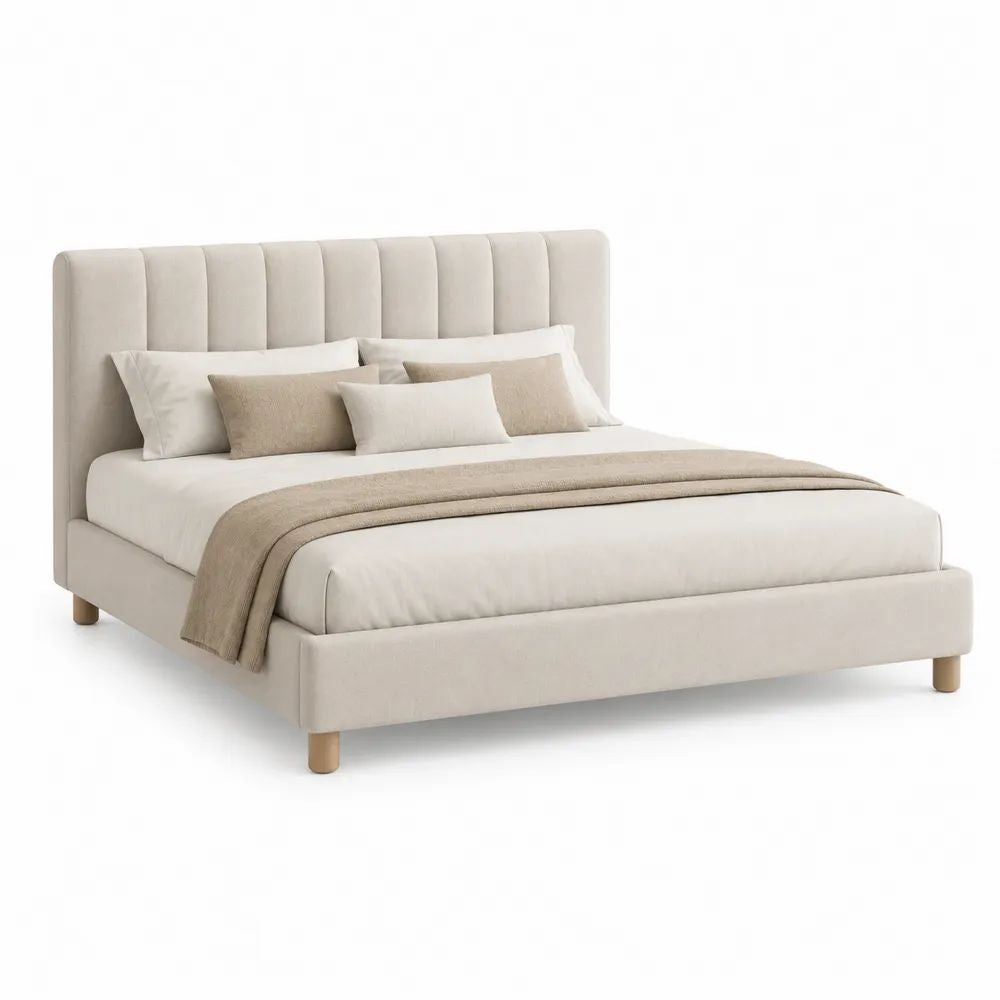 Lit double rembourré beige en polyester, couchage 160 x 200 cm, dimensions 173 x 218 x 120 cm, tête de lit à panneaux verticaux