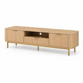Meuble TV bas rectangulaire en bois et métal doré, 2 portes, 1 tiroir et 1 niche, chêne naturel, 160 × 40 × 55 cm