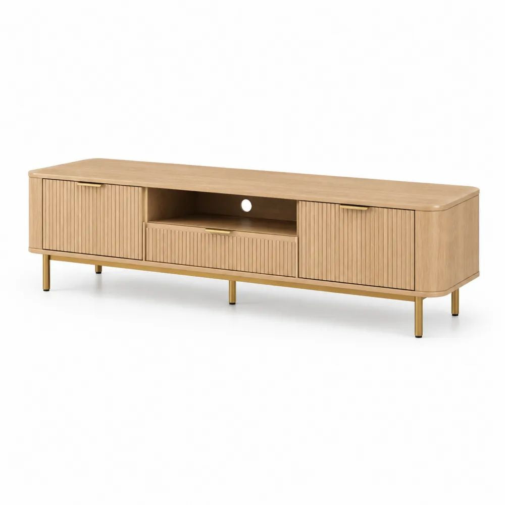 Meuble TV bas rectangulaire en bois et métal doré, 2 portes, 1 tiroir et 1 niche, chêne naturel, 160 × 40 × 55 cm