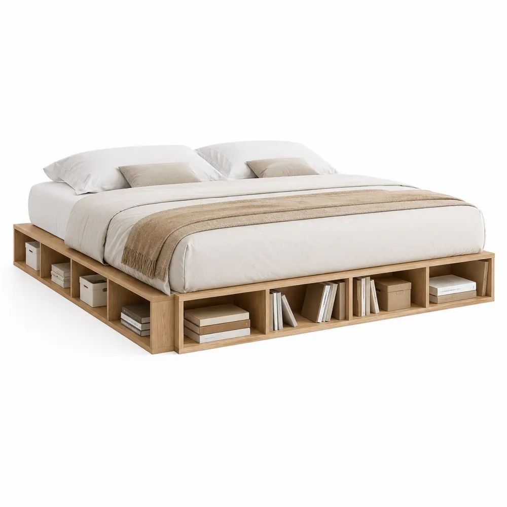 Lit plateforme rectangulaire 2 places en panneaux de bois avec rangements ouverts, chêne naturel, couchage 180 x 200 cm, dimensions 230 x 240 x 40 cm