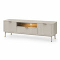 Meuble TV rectangulaire avec éclairage LED en MDF rainuré et acier, beige taupe et laiton, 160 x 40 x 60 cm