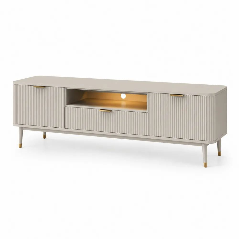 Meuble TV rectangulaire avec éclairage LED en MDF rainuré et acier, beige taupe et laiton, 160 x 40 x 60 cm