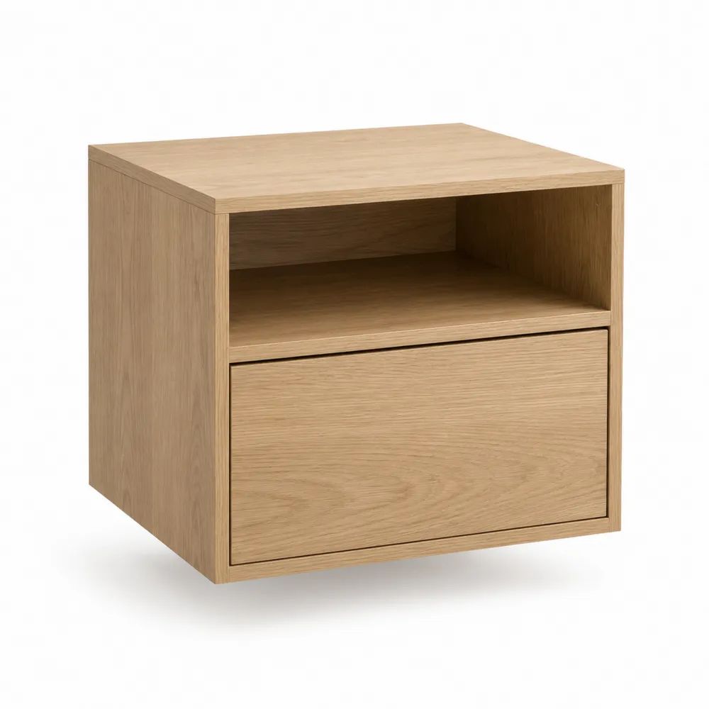 Table de chevet murale rectangulaire en MDF plaqué chêne avec tiroir et niche, 40 × 35 × 40 cm, chêne naturel