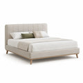 Lit double rembourré beige et brun clair 176 × 216 × 112 cm, couchage 160 × 200 cm, tête de lit en tissu et pieds en bois