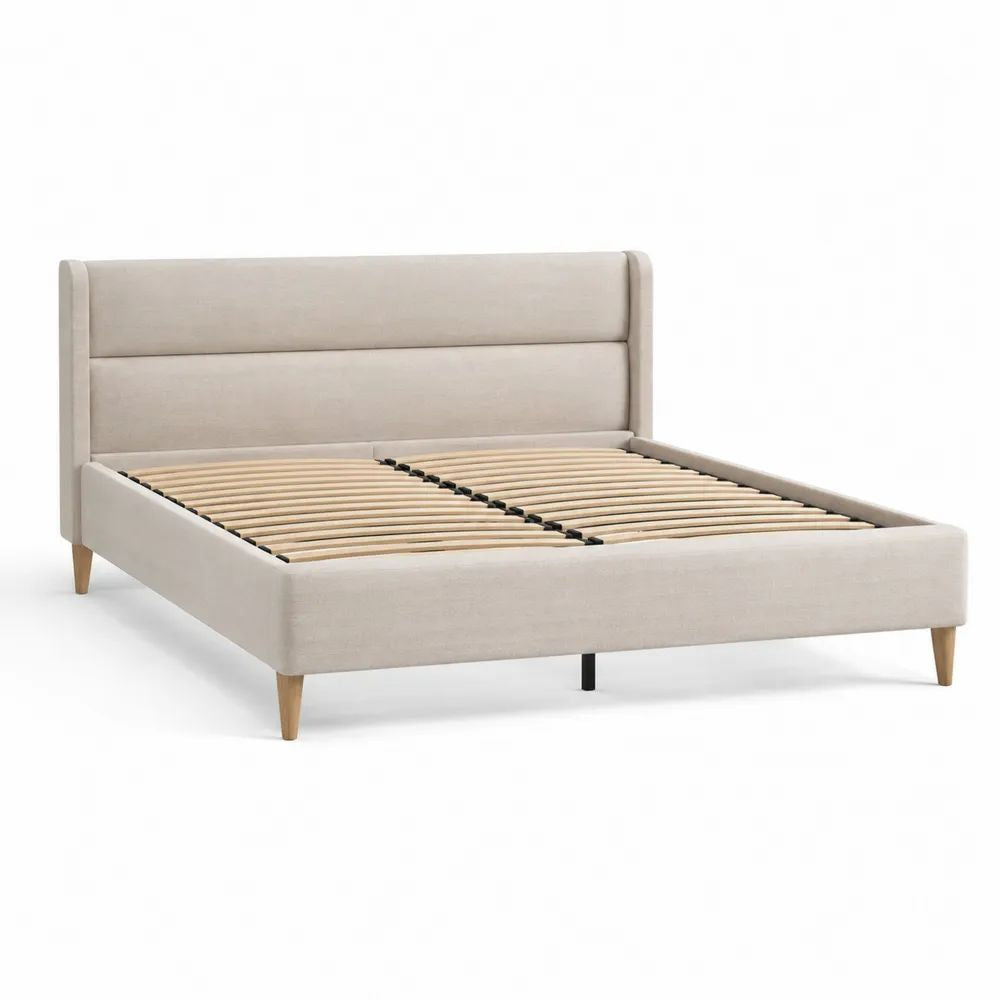 Lit double rembourré en tissu beige 160 × 200 cm avec tête de lit, sommier à lattes et pieds en bois