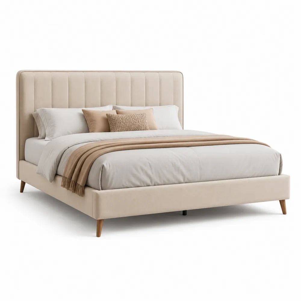 Lit double rembourré beige avec tête de lit cannelée et pieds en bois, couchage 160 x 200 cm