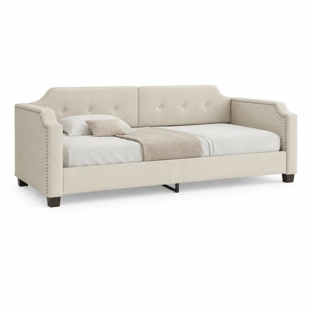 Lit banquette 1 place en polyester beige avec sommier 90 x 200 cm, dimensions 220 x 105 x 91 cm
