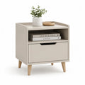 Table de chevet rectangulaire en bois avec tiroir, niche et pieds coniques, taupe clair et bois naturel, 45 × 40 × 55 cm