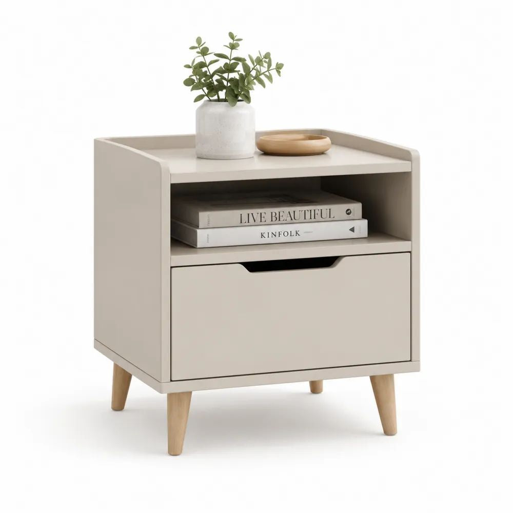 Table de chevet rectangulaire en bois avec tiroir, niche et pieds coniques, taupe clair et bois naturel, 45 × 40 × 55 cm