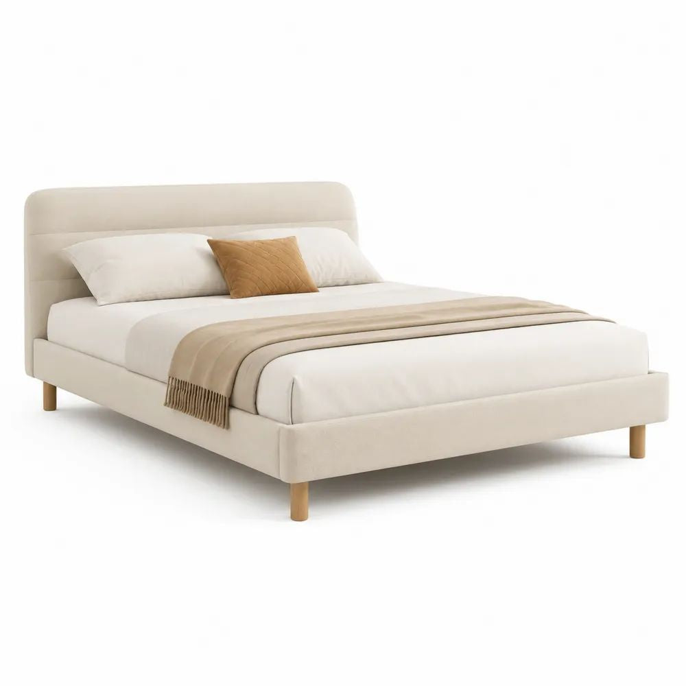Lit double rembourré 160 x 200 cm en tissu blanc cassé avec tête de lit arrondie, cadre 172 x 218 x 105 cm