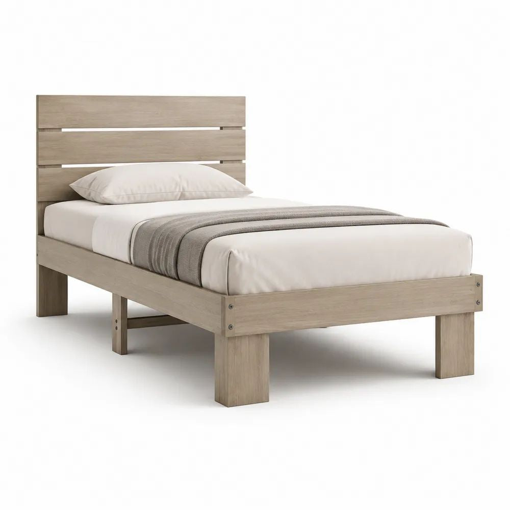 Lit simple en bois 90 × 190 cm avec tête de lit à lattes et sommier, chêne grège