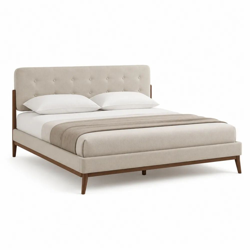 Lit double rembourré 160 x 200 cm en tissu beige, tête de lit capitonnée et cadre en bois massif finition noyer