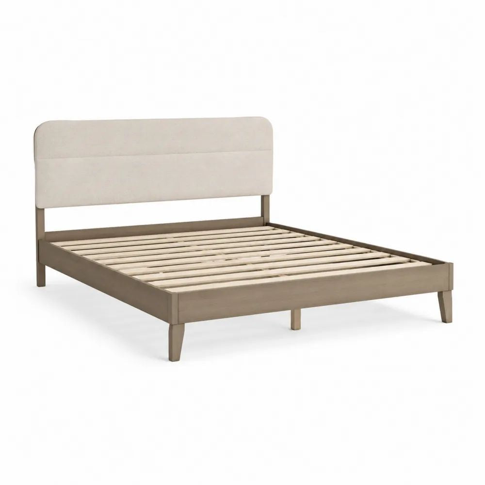 Lit double 160 × 200 cm en pin massif taupe avec sommier à lattes et tête de lit rembourrée beige