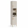Colonne de salle de bain sur pieds en bois et métal, 2 portes rainurées et 2 niches, beige et doré, 40 × 30 × 180 cm
