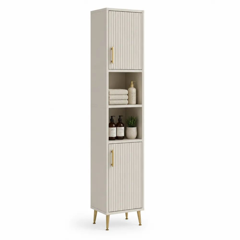 Colonne de salle de bain sur pieds en bois et métal, 2 portes rainurées et 2 niches, beige et doré, 40 × 30 × 180 cm