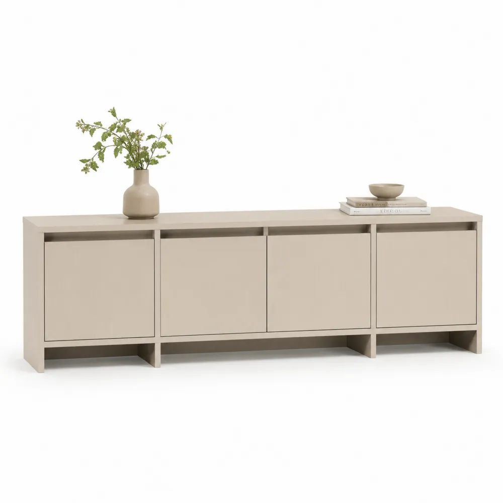 Meuble TV buffet bas rectangulaire à 4 portes en panneaux de particules, beige taupe, 200 × 40 × 65 cm