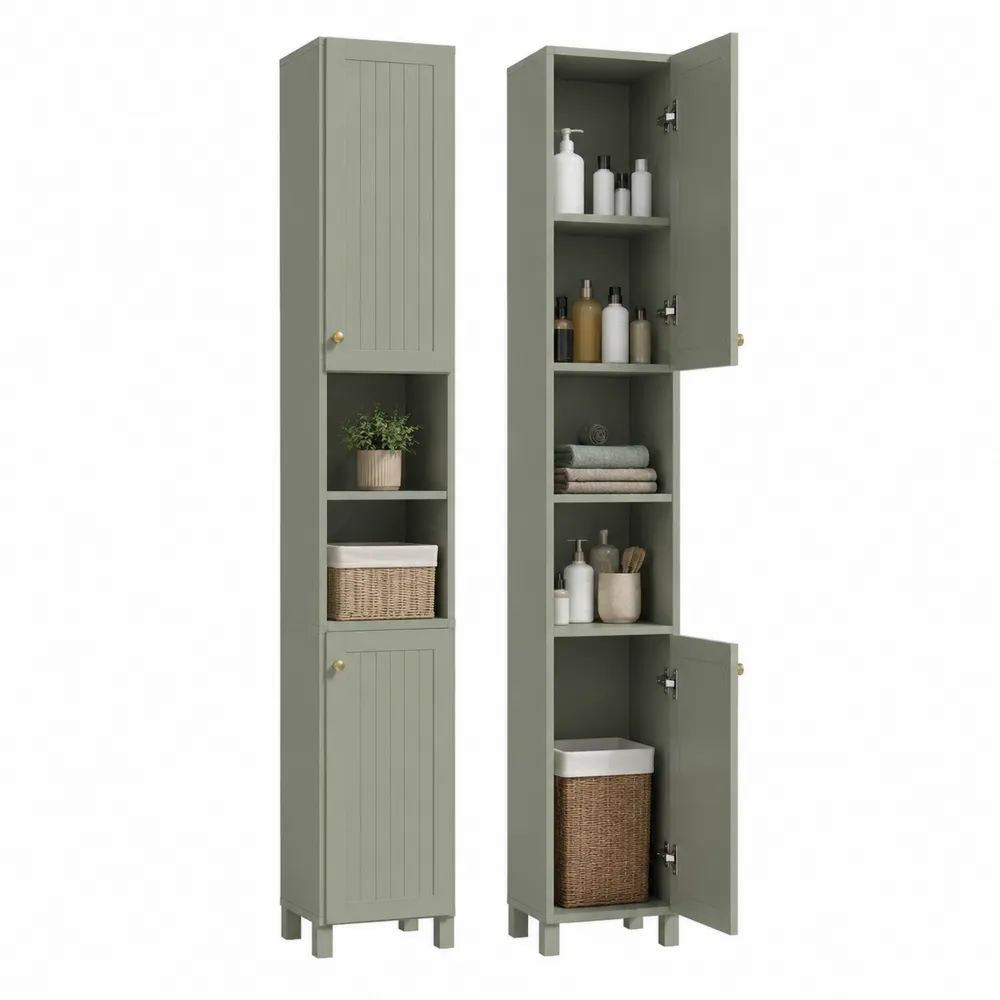 Colonne de salle de bain en MDF et panneaux de particules, 2 portes et 2 niches, vert sauge, 30 × 30 × 170 cm