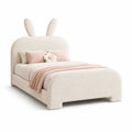 Lit enfant lapin en tissu bouclette blanc crème 140 × 200 cm, dimensions totales 220 × 152 × 180 cm, sommier à lattes inclus
