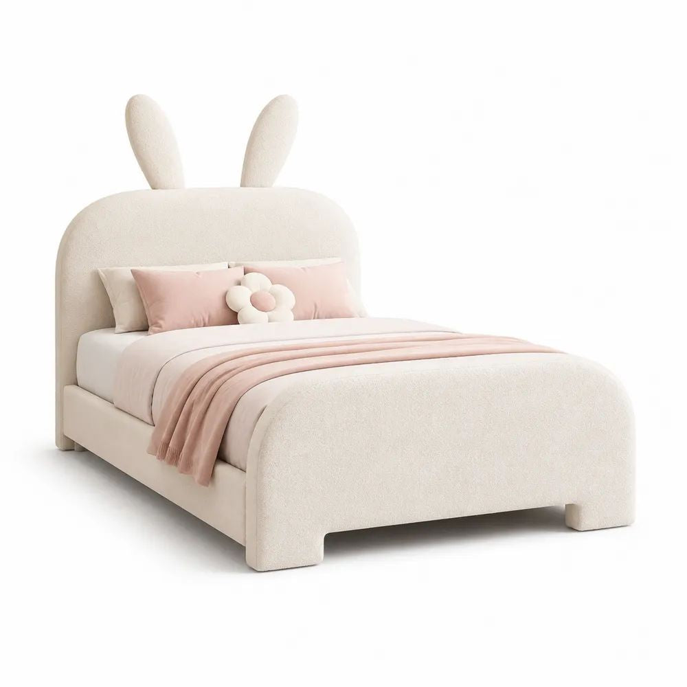 Lit enfant lapin en tissu bouclette blanc crème 140 × 200 cm, dimensions totales 220 × 152 × 180 cm, sommier à lattes inclus