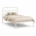 Lit double 140 × 200 cm en métal blanc crème avec sommier à traverses et tête de lit