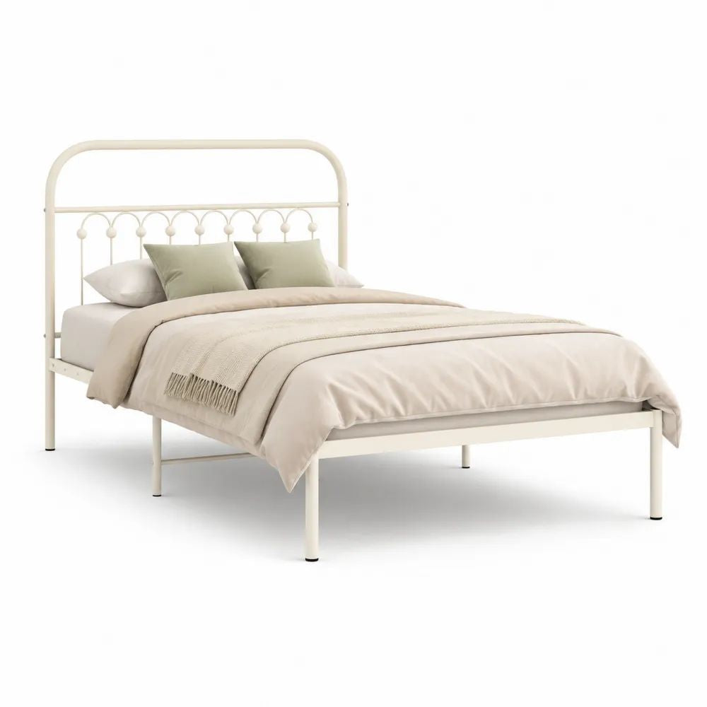 Lit double 140 × 200 cm en métal blanc crème avec sommier à traverses et tête de lit