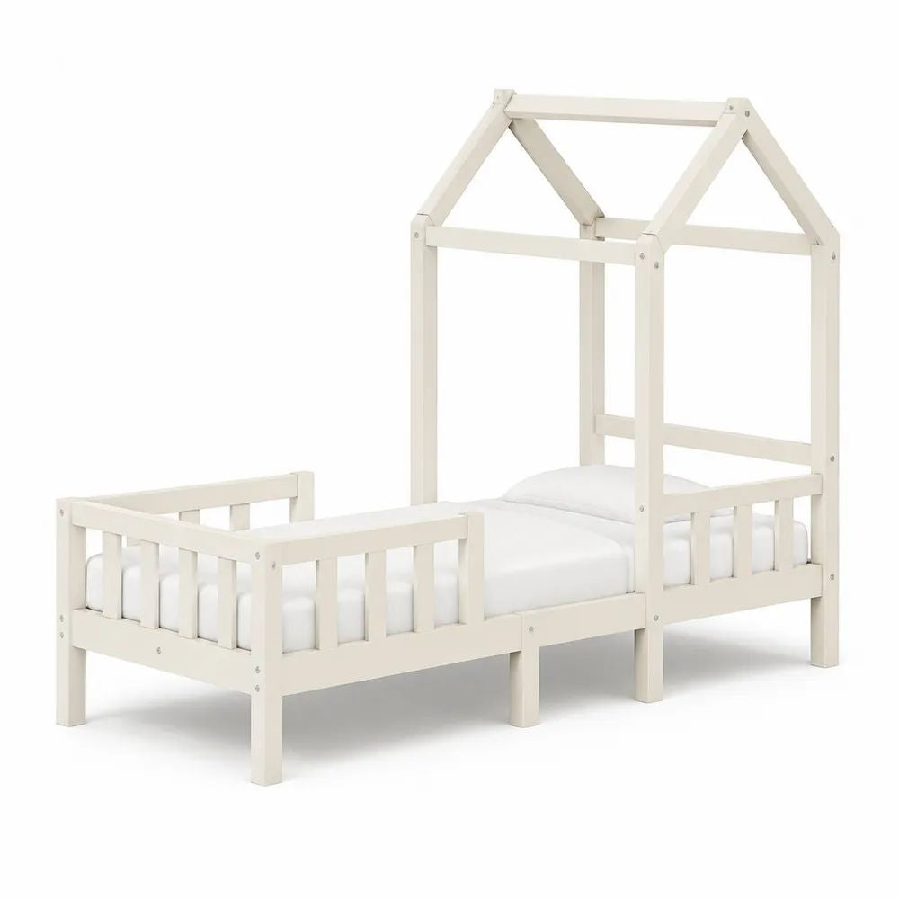 Lit cabane enfant en pin massif blanc 70 × 140 cm avec sommier à lattes et barrières latérales