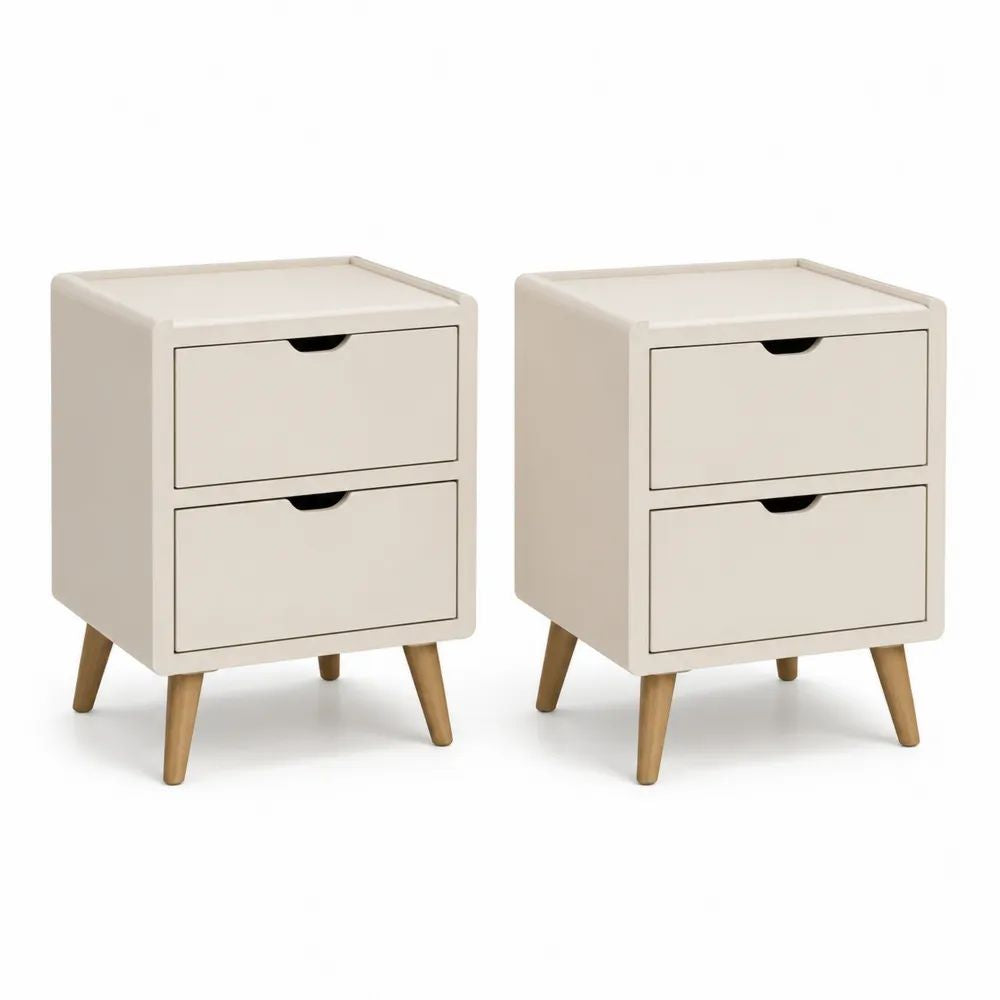Lot de 2 tables de chevet rectangulaires à 2 tiroirs en MDF et bois, blanc cassé et bois naturel, 40 × 30 × 55 cm