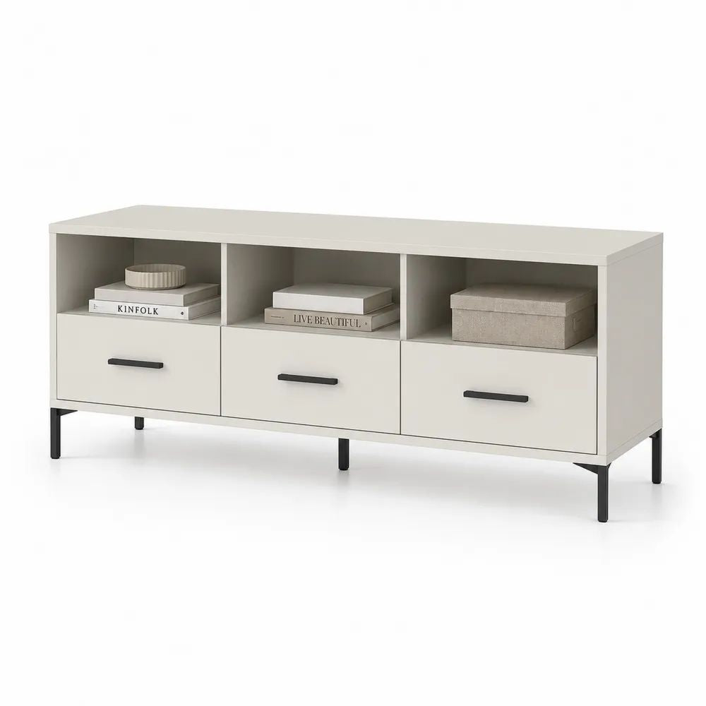 Meuble TV grège et noir avec 3 tiroirs et 3 niches, panneaux de particules et acier, 150 x 40 x 65 cm
