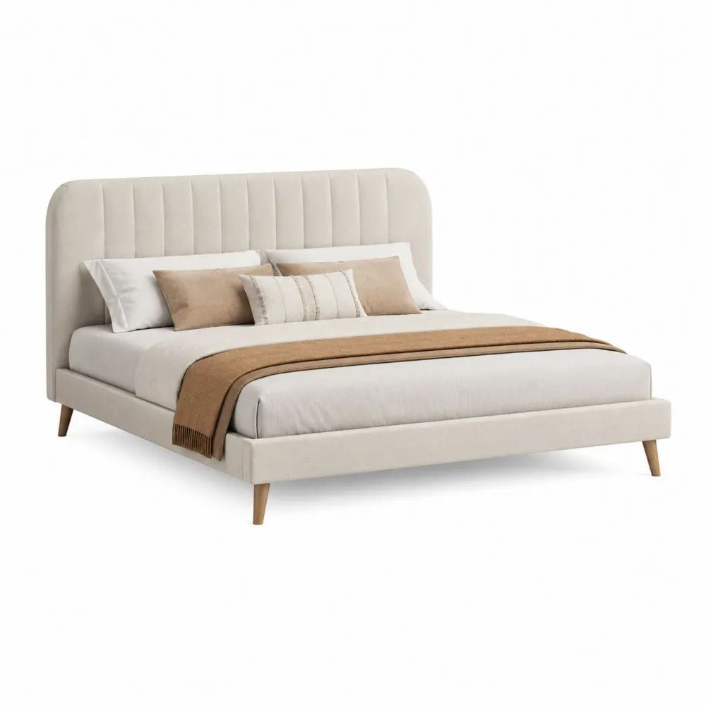 Lit double rembourré beige en polyester, couchage 160 × 200 cm, dimensions 216 × 176 × 112 cm, tête de lit à coutures verticales et pieds en bois
