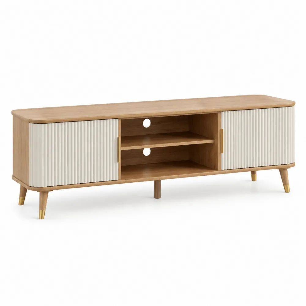 Meuble TV en bois et MDF à 2 portes coulissantes, chêne naturel, blanc et laiton, 160 × 40 × 60 cm