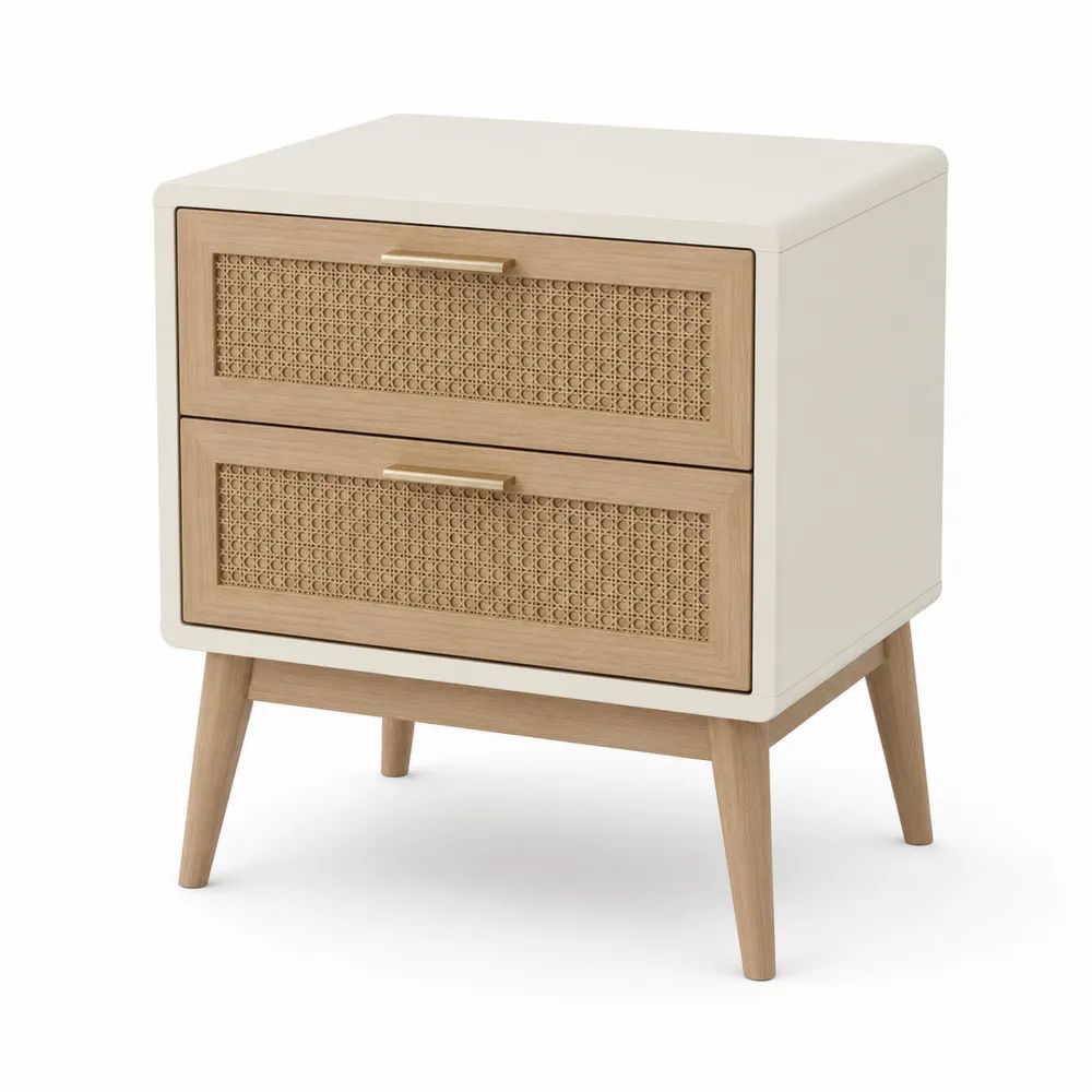 Table de chevet rectangulaire à 2 tiroirs en MDF plaqué chêne et cannage en rotin, blanc cassé et naturel, 45 × 40 × 60 cm