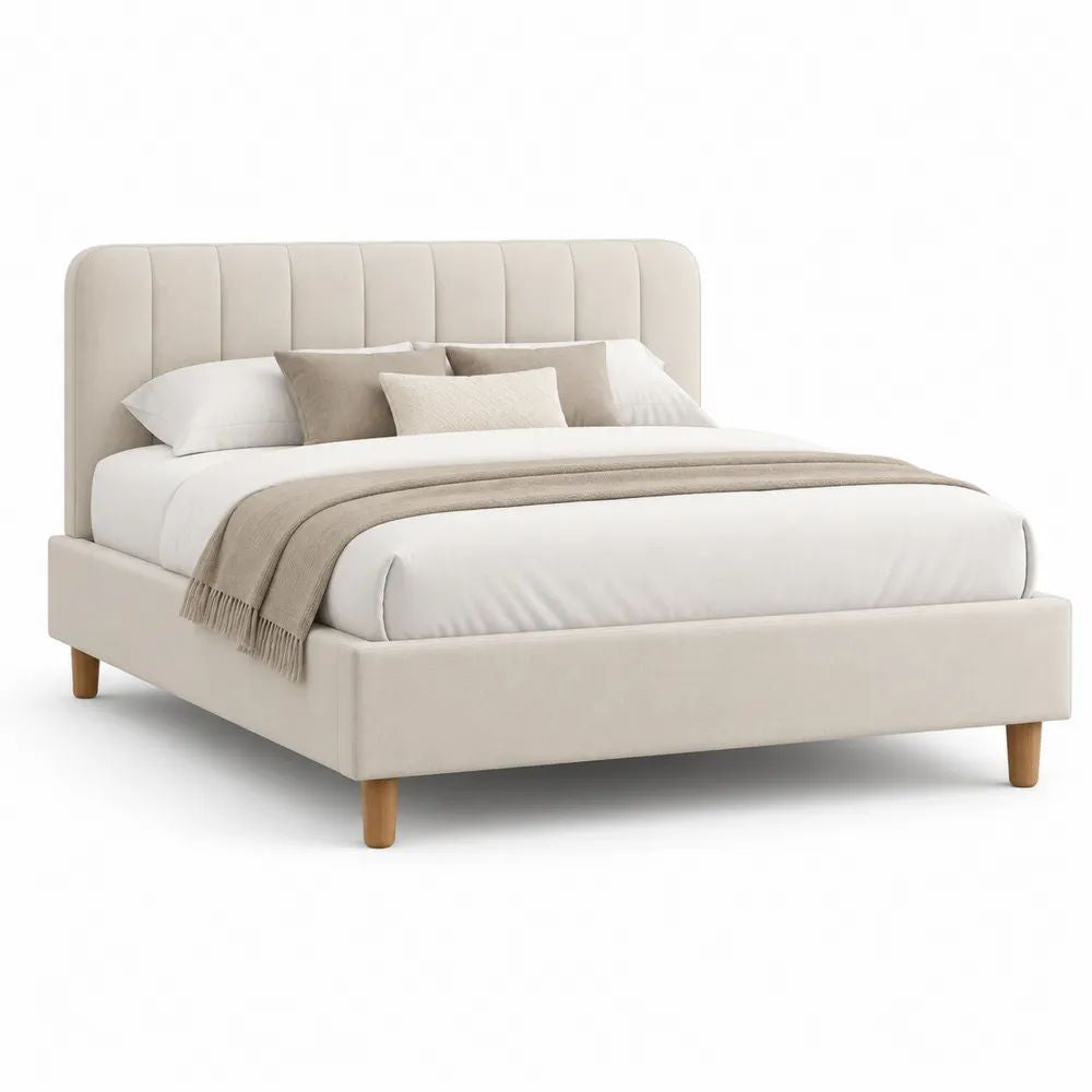 Lit double rembourré en tissu beige 160 × 200 cm, dimensions 218 × 178 × 112 cm, tête de lit à panneaux verticaux et sommier à lattes