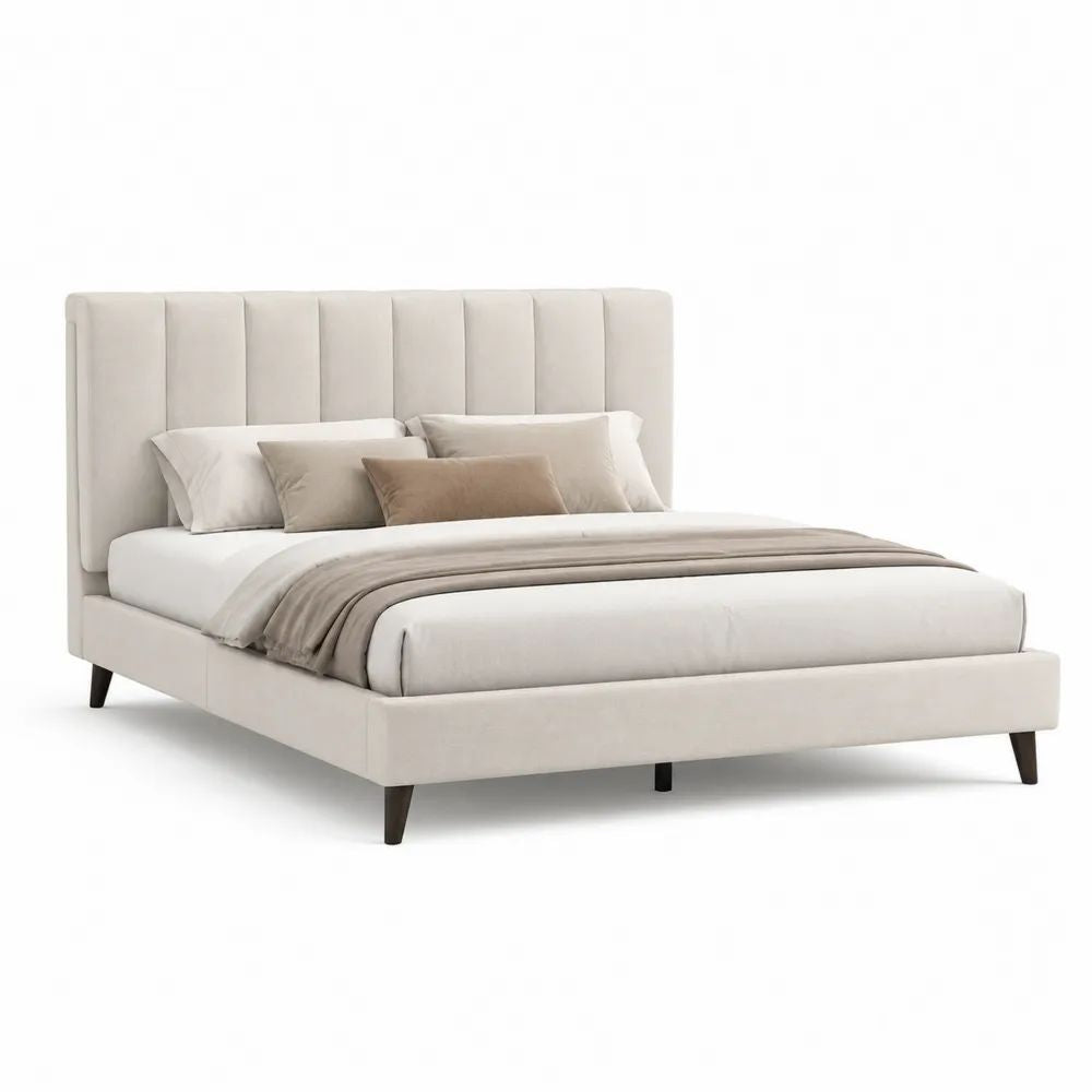 Lit double rembourré rectangulaire en polyester beige clair, couchage 160 × 200 cm, dimensions 218 × 175 × 120 cm, tête de lit à panneaux verticaux