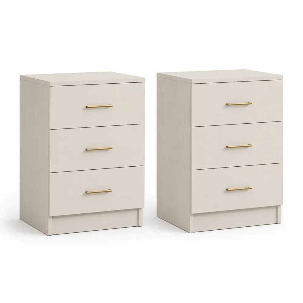 Lot de 2 tables de chevet en panneaux de particules à 3 tiroirs, blanc cassé et doré, 40 × 35 × 60 cm chacune