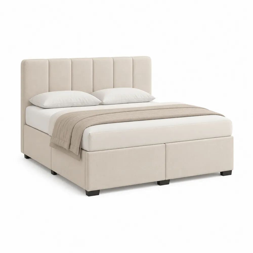 Lit double rembourré 160 x 200 cm en polyester beige avec tête de lit à panneaux verticaux