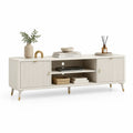 Meuble TV bas rectangulaire en bois et métal, 160 × 40 × 60 cm, 2 portes rainurées et 2 niches, ivoire et doré
