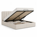 Lit coffre double 160 x 200 cm en tissu bouclé beige avec sommier à lattes, tête de lit rembourrée et structure en métal noir