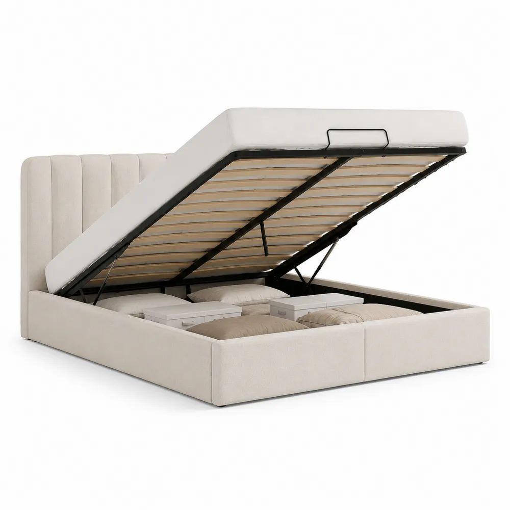 Lit coffre double 160 x 200 cm en tissu bouclé beige avec sommier à lattes, tête de lit rembourrée et structure en métal noir