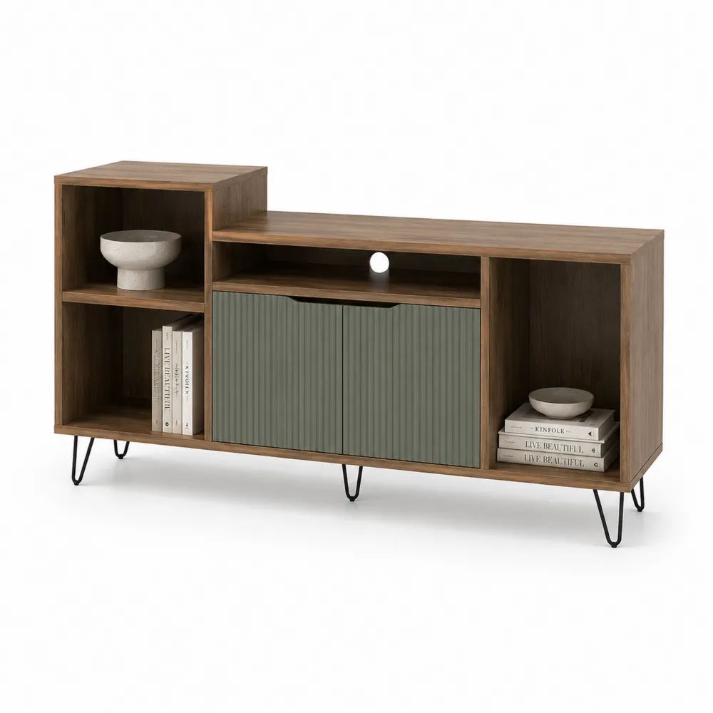 Meuble TV asymétrique en bois et métal, brun noyer, vert olive et noir, 140 x 40 x 80 cm