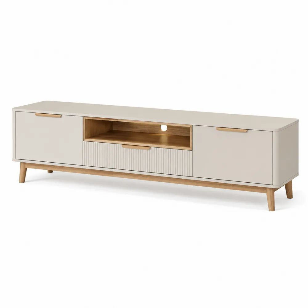 Meuble TV bas rectangulaire en bois et MDF beige et bois naturel, 2 portes, 1 tiroir, niche et passe-câbles, 180 × 40 × 55 cm