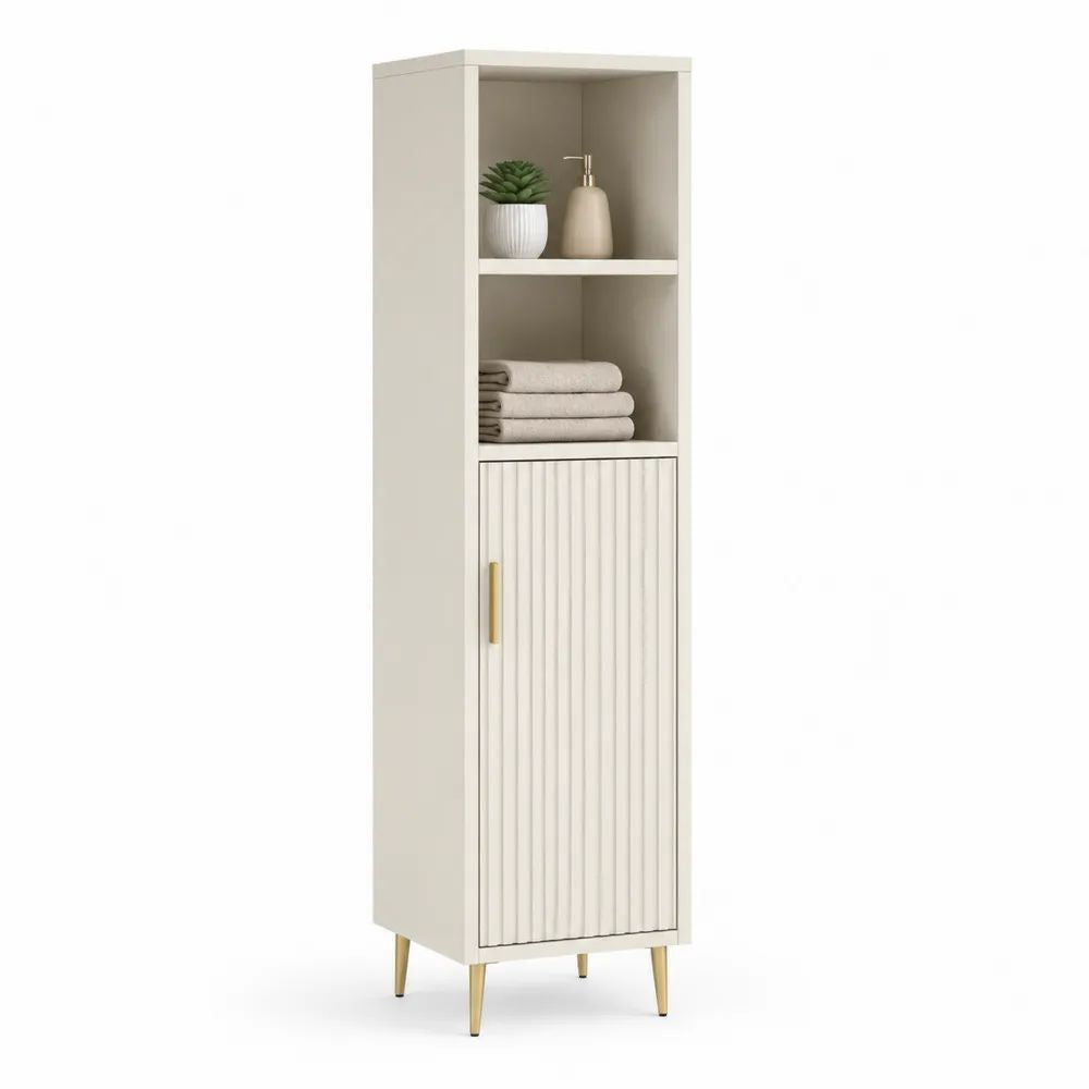 Colonne de salle de bain en panneaux de particules et MDF blanc cassé et doré, 40 x 30 x 160 cm
