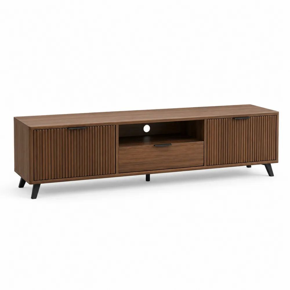 Meuble TV rectangulaire avec rangements en MDF décor noyer brun et acier noir, 180 × 40 × 55 cm