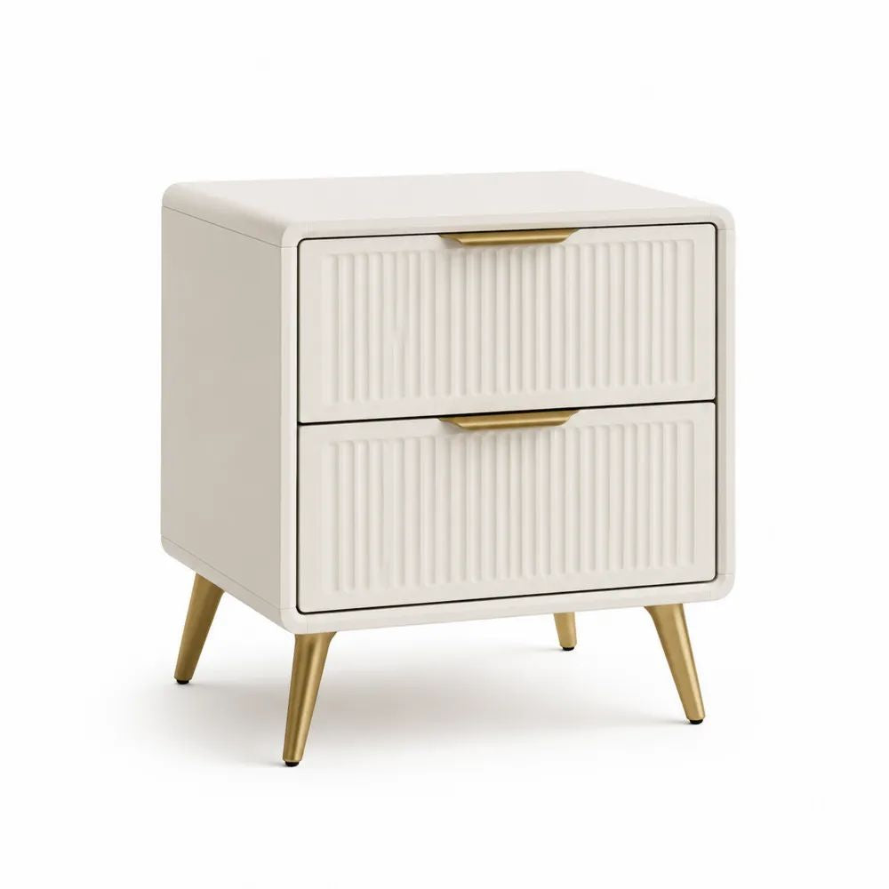 Table de chevet rectangulaire à 2 tiroirs en MDF et acier, blanc cassé et doré, 45 × 40 × 55 cm