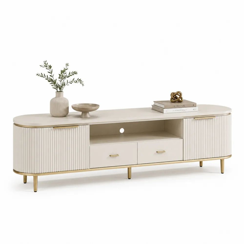 Meuble TV bas en bois et métal avec 2 portes, 2 tiroirs et passe-câbles, blanc cassé et doré, 180 x 40 x 60 cm