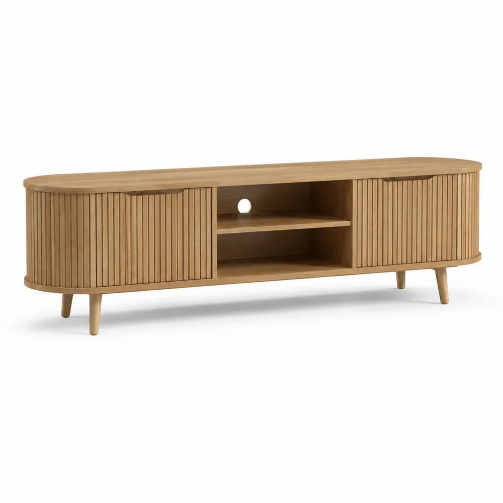 Meuble TV en bois et MDF plaqué chêne avec portes coulissantes et rangements, chêne naturel, 160 x 40 x 55 cm