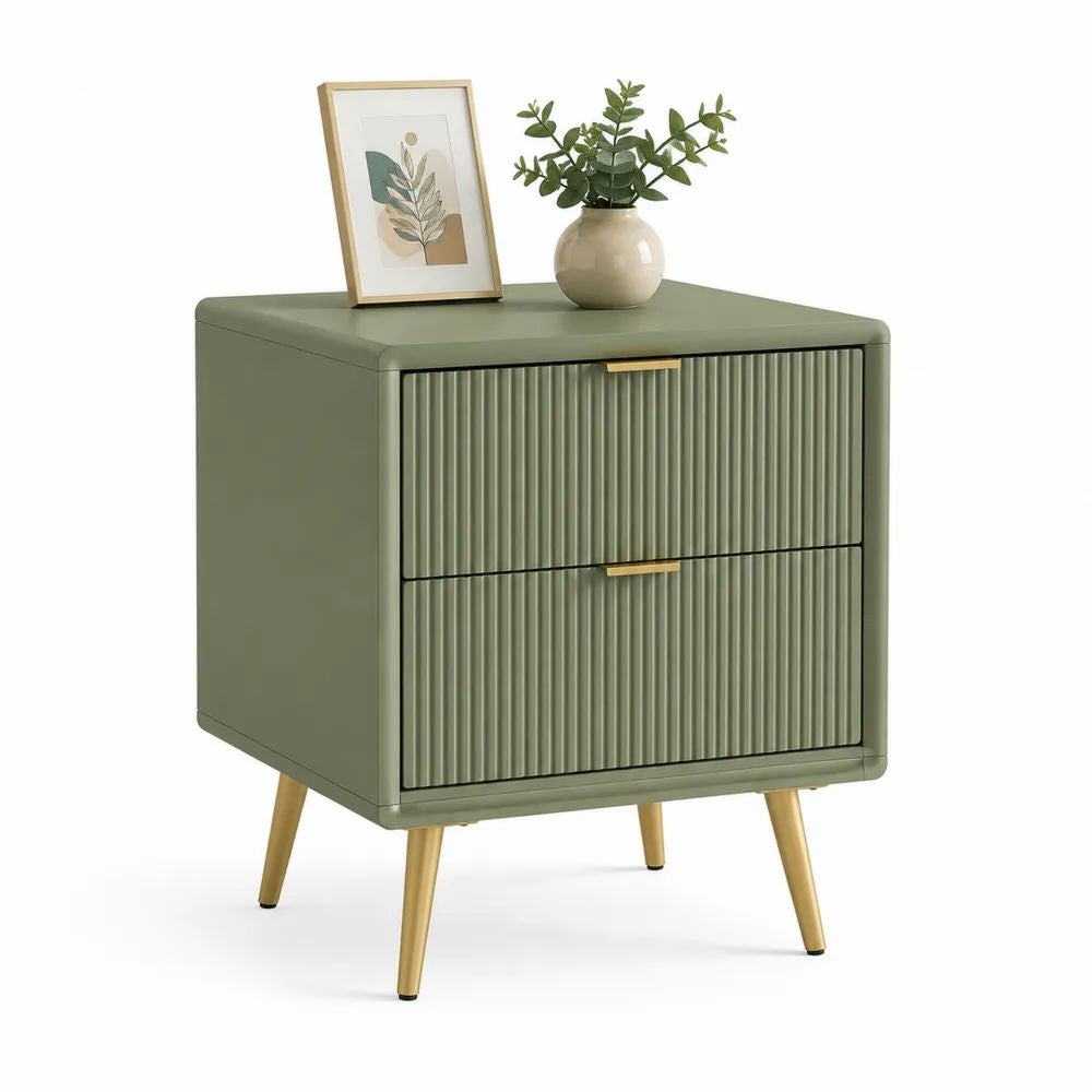Table de chevet rectangulaire à 2 tiroirs en bois et acier, vert olive et doré, 50 × 40 × 60 cm